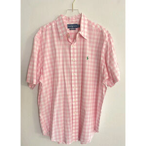 Ralph Lauren XL Shirt Gingham White Pink Short Sleeve Green Pony Logo Preppy Men